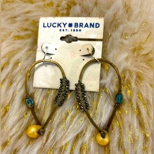 Lucky Brand antique gold earrings with faux pearl and light blue stone NWT